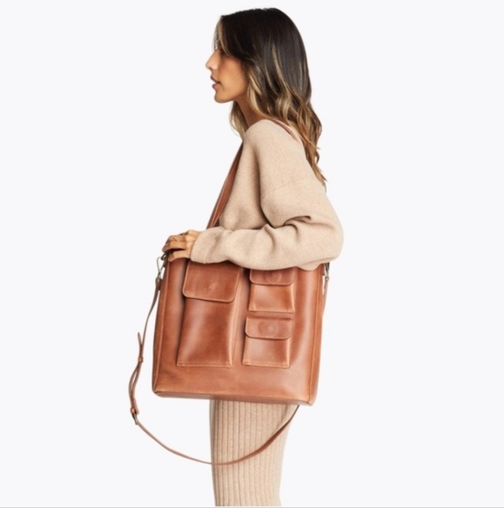 ABLE Olivia Tote Whiskey Brown Leather Purse Shoulder Bag Laptop Office Handmade
